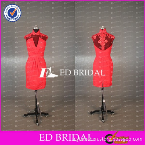 CE772 High Neck Cap Sleeve Sheer Back Sexy Short Red Evening Gowns UK